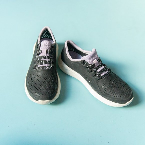 Crocs LiteRide Black Purple Rubber Athletic Lace Up Sneakers Size W 8 - Picture 1 of 9